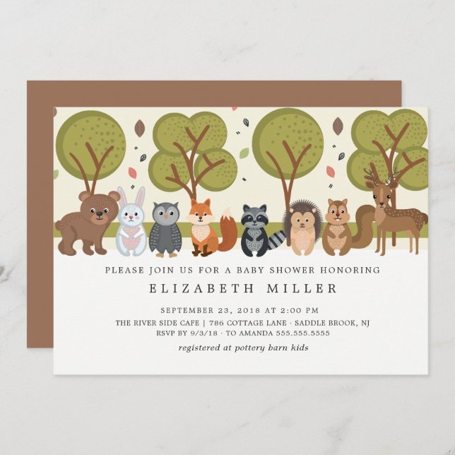 Animaux mignons Baby shower forestier Invitation (Devant / Derrière)