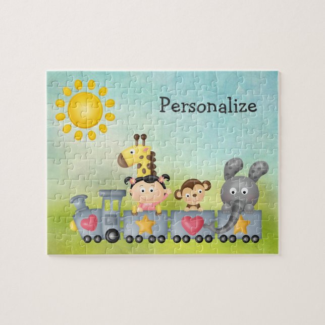 Animaux mignons et fille en train Puzzle (Horizontal)