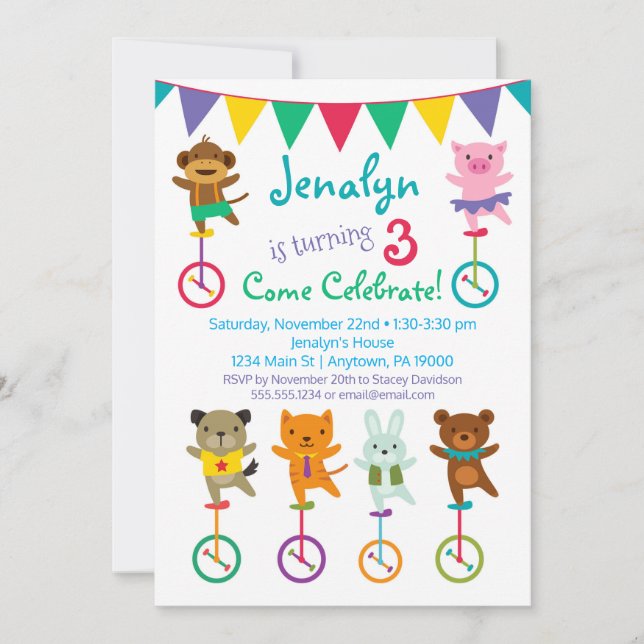 Animaux mignons Invitation Anniversaire Unicycle C (Devant)