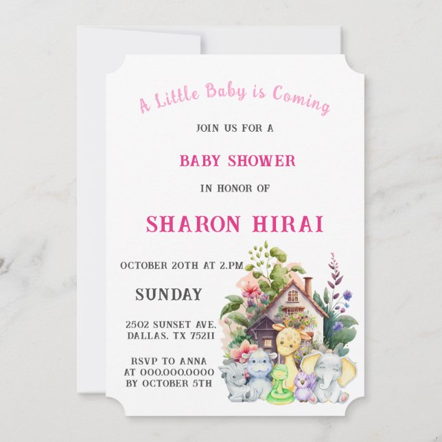 Animaux mignons Invitation Baby shower | Rose (Dos)