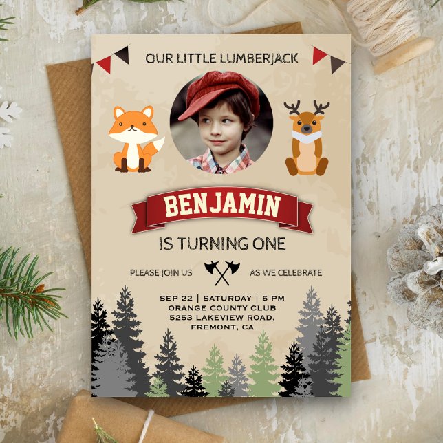 Animaux mignons Lumberjack Invitation de fête d'an (Créateur téléchargé)