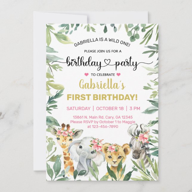 Animaux Safari fille invitation d'anniversaire, n' (Devant)