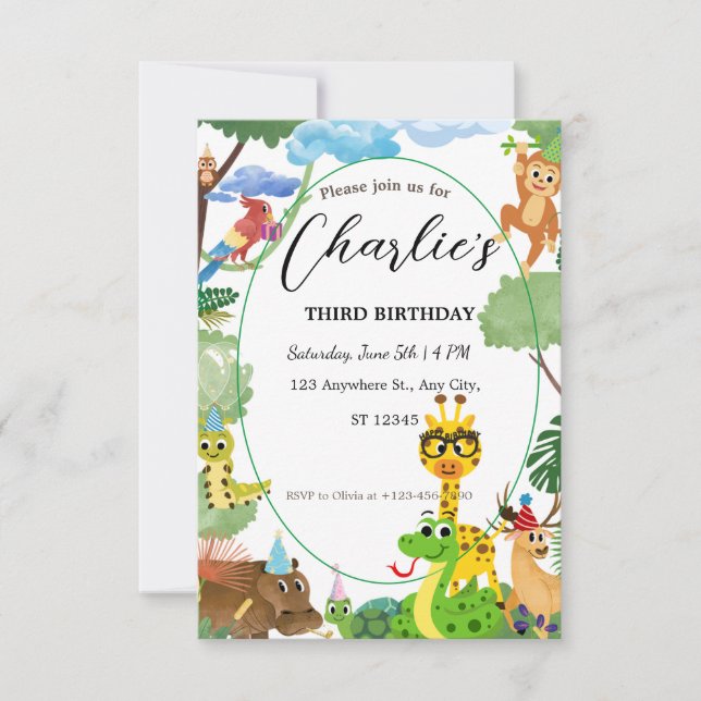 Animaux sauvages Invitation d'anniversaire pour en (Devant)