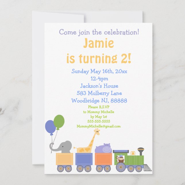 Animaux Sur Invitations D'Anniversaire De Train (Devant)