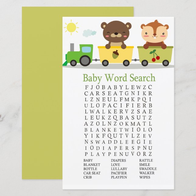 Animaux train Baby shower Word Search Jeu (Devant / Derrière)