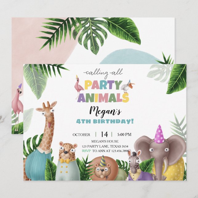 Animaux tropicaux Invitation d'anniversaire (Devant / Derrière)
