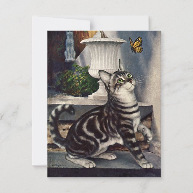 Animaux Vintage, Chat Tabby Mignon et Papillon (Devant)