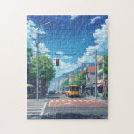 Anime City Street Jigsaw Puzzle – Bright Summer To<br><div class="desc">Enjoy a relaxing puzzle experience with this anime-style city street jigsaw puzzle. The artwork features a bright summer day in a peaceful town, with a colorful city bus waiting at the traffic light, bicycles along the sidewalk, and cozy buildings lining the street. Soft clouds fill the blue sky while sunlight...</div>