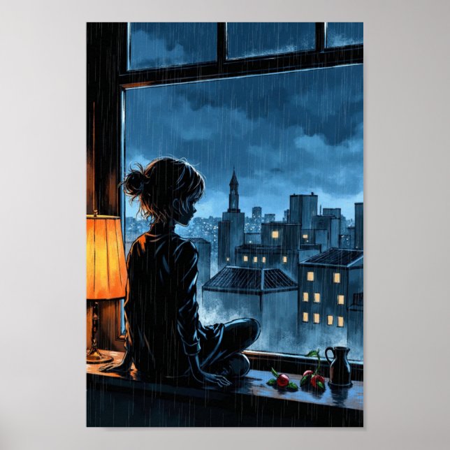 Anime Déco Pluie Fenêtre Murale (Devant)