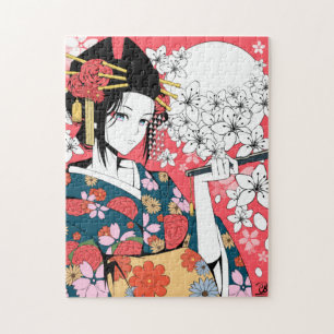 Anime Floral Geisha rose blanc puzzle