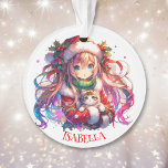 Anime Girl in Santa Hat Aquarelle Noël<br><div class="desc">Watercolor anime fille en chapeau de Santa avec chaton mignon personnalisé ornement de Noël.</div>