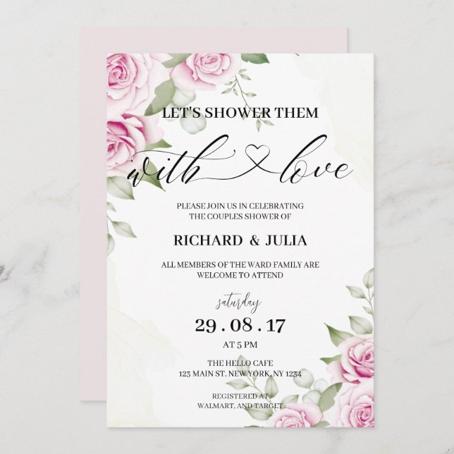 ANNA Let's Shower Invitation / Aquarelle, rose (Devant / Derrière)