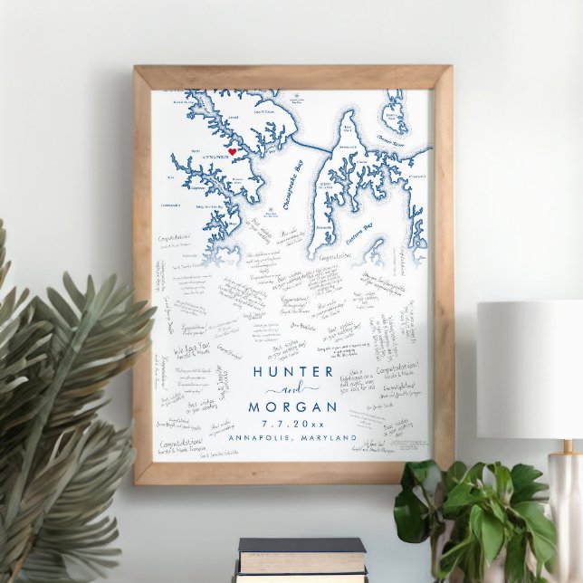 Annapolis Mariage Moderne Poster du livre d'or (This map of Annapolis and Kent Island makes a great alternative guest book for your wedding)