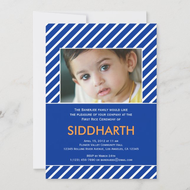 Annaprashan rayé (Premier Riz) Invitation bleue (Devant)