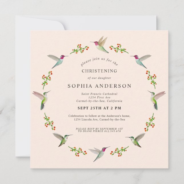 Anna's Hummingbirds Christening Invitation (Devant)
