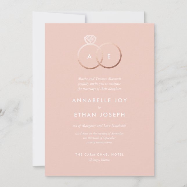 Anneaux or Rose moderne Faire-part de mariage (Devant)