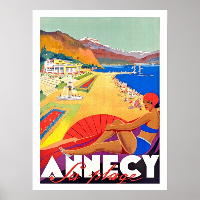 Annecy coastline, girl on a beach, vintage poster (Devant)