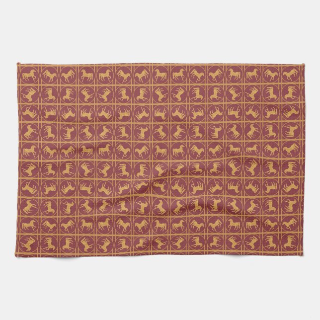 Année du cheval Maroon et serviette de cuisine or (Horizontal)