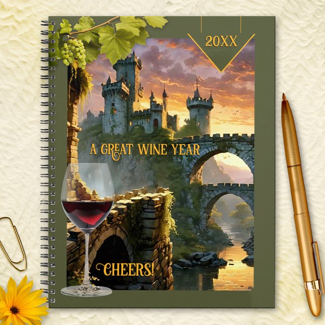 Année du vin de château unique (Planner featuring a fantasy scene with a glass of wine, grapes and a castle at sunset)