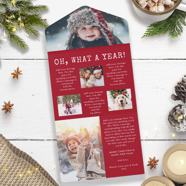 Année Rouge En Revue Tripler Cartes (Oh, What A Year Photo Collage Red and White Holiday Christmas Card)