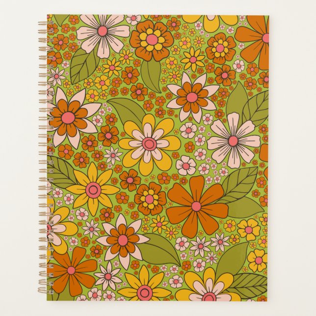 Années 1960, 1970 Vert & Orange Retro Floral (Devant)