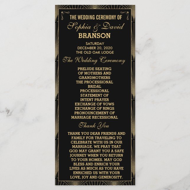 Années 20 Art Déco Great Gatsby Wedding Programme (Devant)