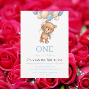 Anniversaire 1er Teddy Bear Balloon Boy Invitation