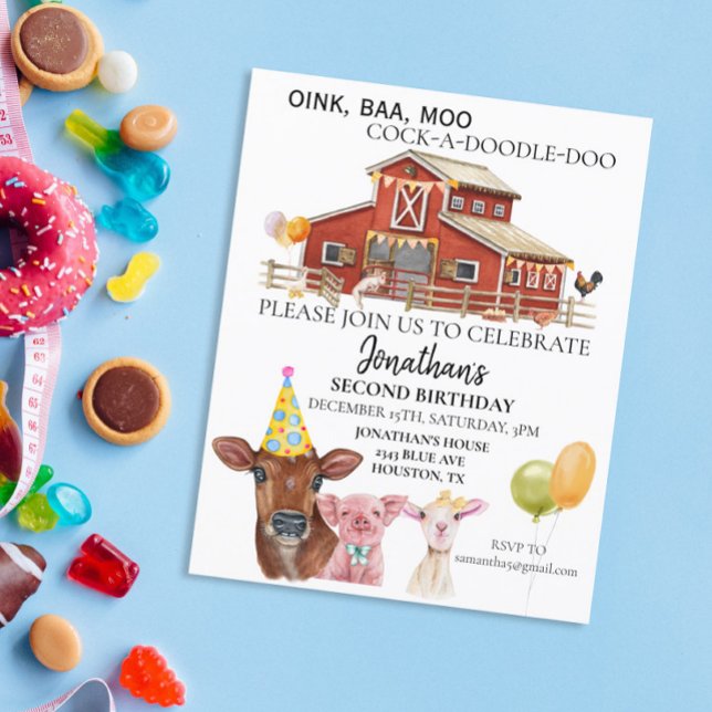 Anniversaire à la ferme aquarelle vache cochon gra (Créateur téléchargé)