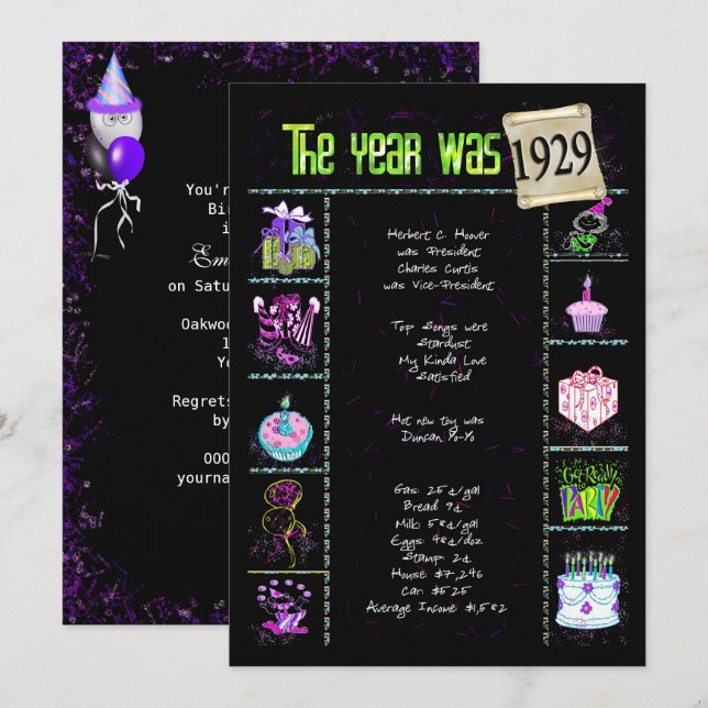 Anniversaire Année 1929 Invitation (Devant / Derrière)