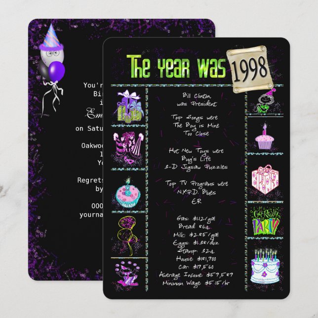 Anniversaire Année 1998 Invitation (Devant / Derrière)