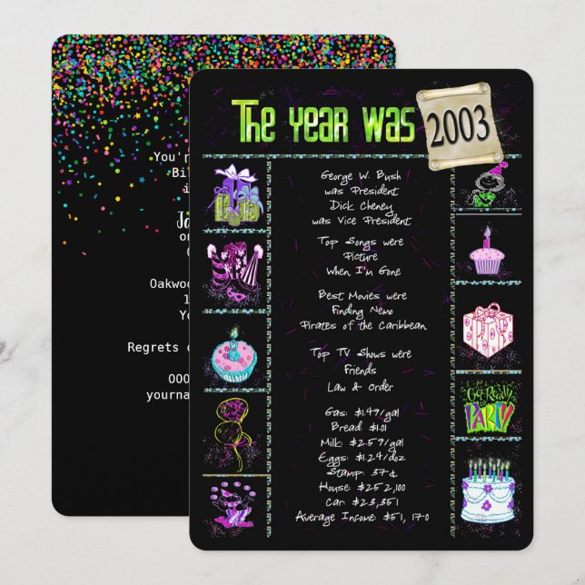 Anniversaire Année 2003 Invitation (Devant / Derrière)