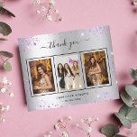 Anniversaire argent violet photo carte de remercie<br><div class="desc">Ajoutez 3 de vos photos d'anniversaire, la taille verticale, une date, un nom et la note de remerciement. Un faux arrière - plan métallique argenté avec du texte et du cadre noirs, violet, faux parties scintillant brille. Le texte : Merci sur l'avant et votre nom sur l'arrière sont écrits avec...</div>