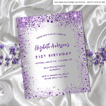 Anniversaire argent violet violet invitation budge<br><div class="desc">Une invitation à la fête d'anniversaire de 21e anniversaire, féminine et féminine (ou tout âge). Devant : Un arrière - plan à la mode faux argent. Décoré de parties scintillant violet foncé et violet, pétillant. Personnalisez et ajoutez un nom, des détails du parti. Le nom est écrit avec un script...</div>