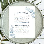 Anniversaire blanc bleu eucalyptus invitation budg<br><div class="desc">Un arrière - plan blanc,  décoré de tiges d'eucalyptus bleu foncé,  sprigs. Personnalisez et ajoutez un nom et des détails du parti. Dos : arrière - plan bleu poussiéreux.</div>