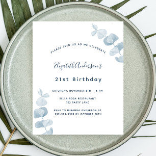 Anniversaire blanc bleu eucalyptus invitation budg