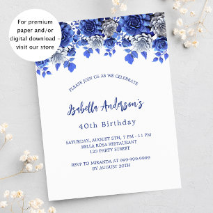 Anniversaire blanc royal bleu floral invitation bu