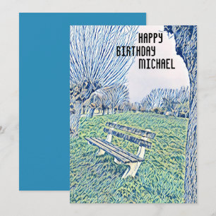 Anniversaire Bleu Aquarelle Jardin Banc Pour Lui