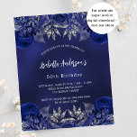 Anniversaire bleu marine fleurs budget invitation<br><div class="desc">Un arrière - plan bleu marine,  décoré de roses bleus,  de fleurs. La couleur bleue est inégale. Personnalisez et ajoutez un nom et des détails du parti. Dos : bleu marine et faux brillant argent. 1 feuille = 1 invite imprimé bord à bord.</div>