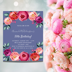 Anniversaire bleu rose fleuri invitation budgétair