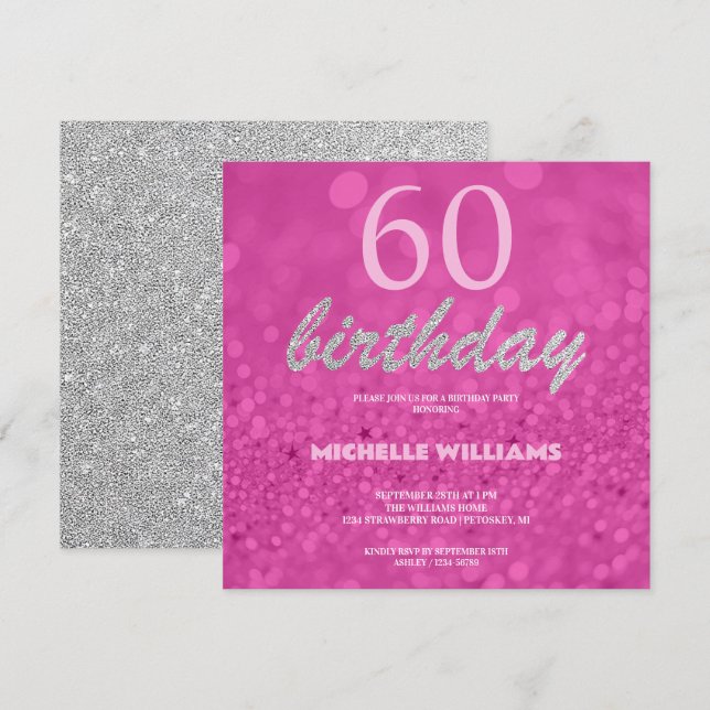 Anniversaire Calligraphie Rose Argent Pailleté Élé (Devant / Derrière)