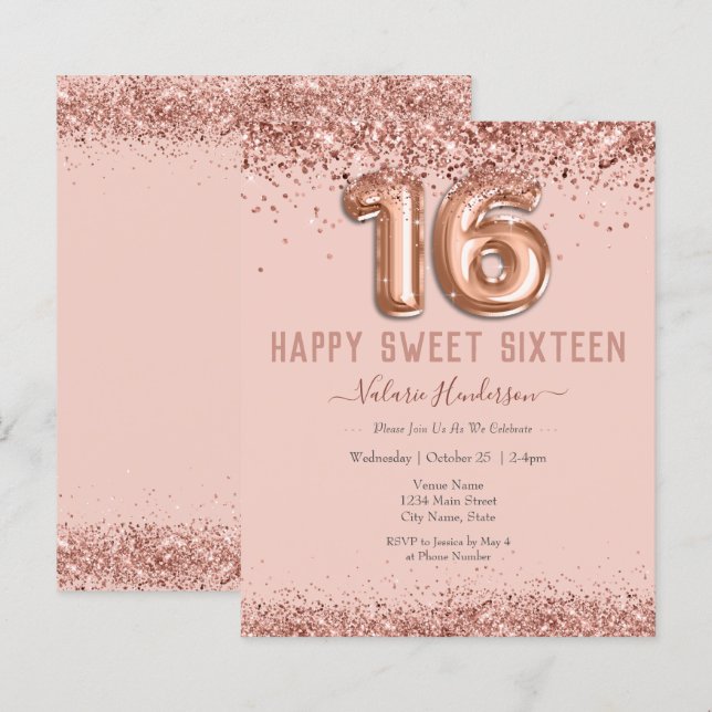 Anniversaire de 16 ans Glitter Rose Pâle Joyeux (Devant / Derrière)