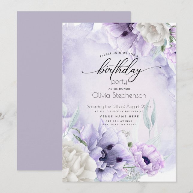 Anniversaire de fête Lilac Poppy Invitation (Devant / Derrière)