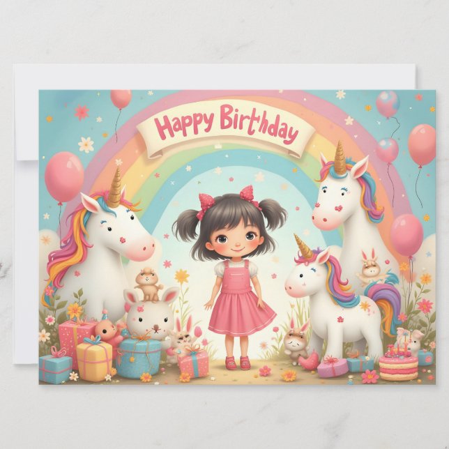 Anniversaire de fille avec licornes et arc-en-ciel (Devant)