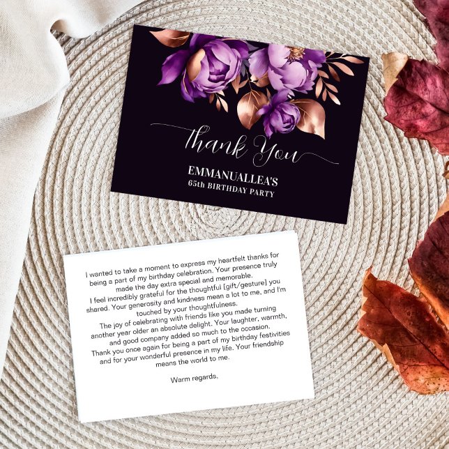 Anniversaire de la fête merci les pivoines violett (Birthday party thank you card purple peonies rose gold flowers template thank you card)