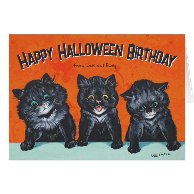 Anniversaire d'Halloween Chats noirs L. Wain carte (Devant horizontal)