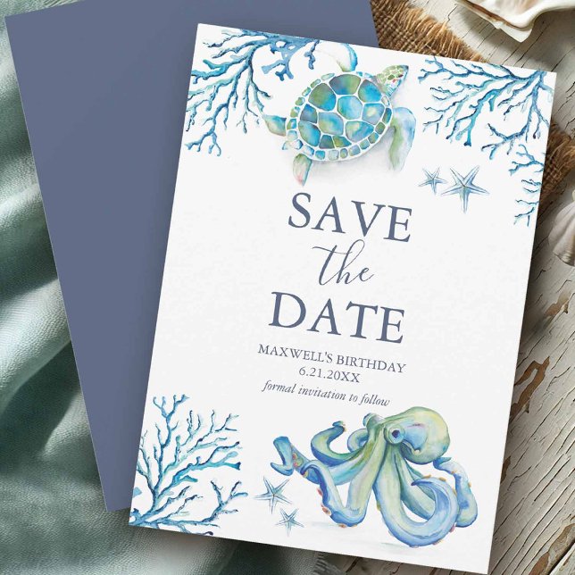 Anniversaire Enregistrer la date Cartes sous la me (Under the sea birthday save the date card with hand painted sea life art by Victoria Grigaliunas)