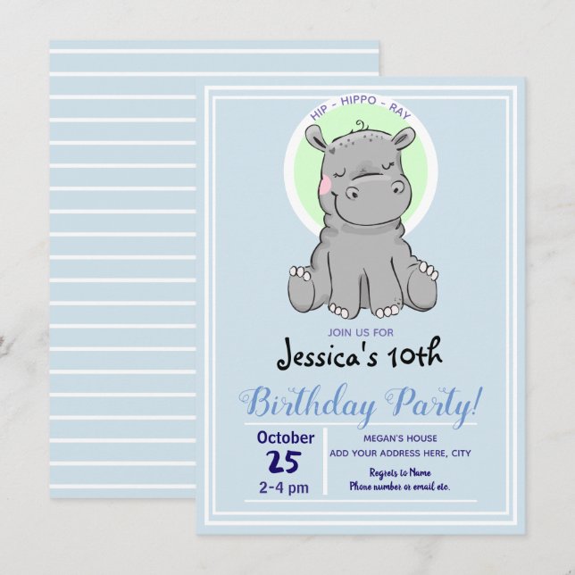 Anniversaire Fête Cute Little Hippo Invitations (Devant / Derrière)