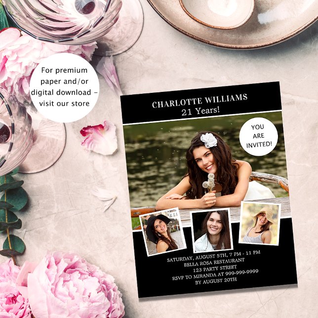 Anniversaire fête noir blanc photo invitation (Créateur téléchargé)