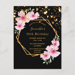 Anniversaire fête noir or étoiles invitation flora