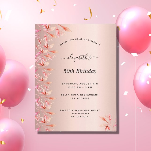 Anniversaire fête rose or rose floral invitation (Créateur téléchargé)